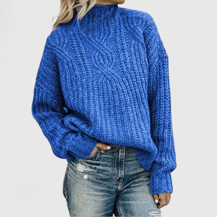 Auvryn cable-knit sweater in blue, full front view