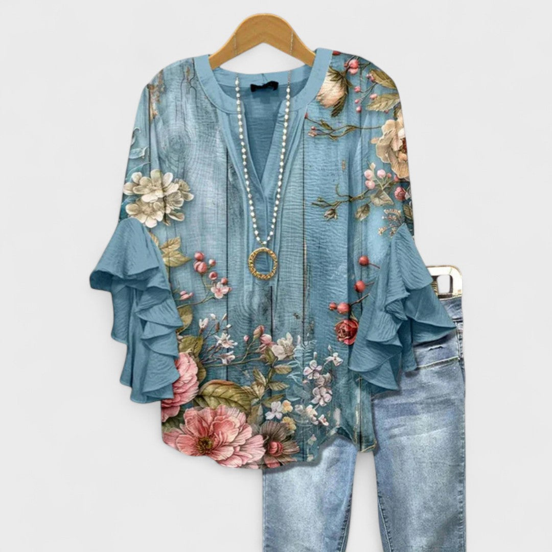Seliore blouse in teal blue floral print, front view