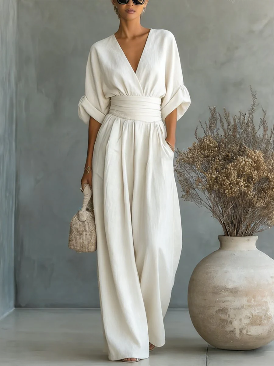 Sofia V-neck wide-leg jumpsuit in white, full-length front view