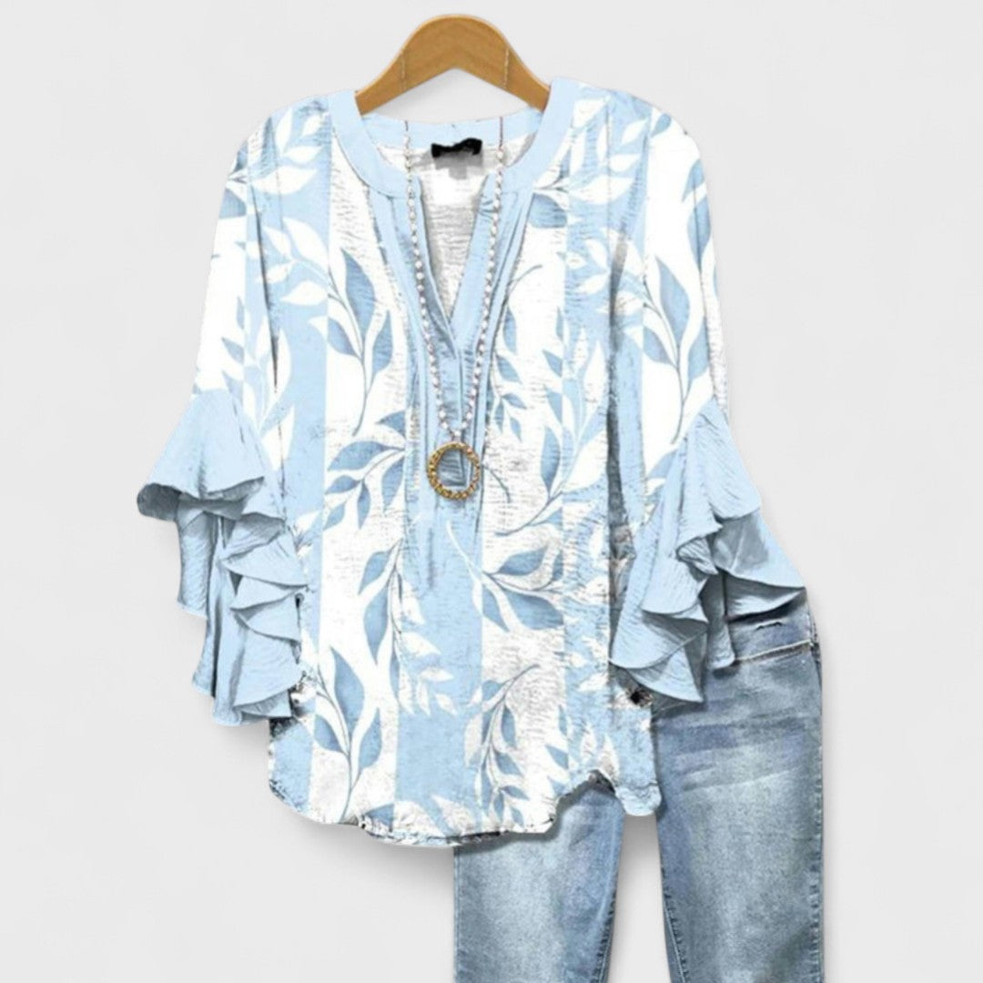 Seliore blouse in light blue with white leaf print, front view