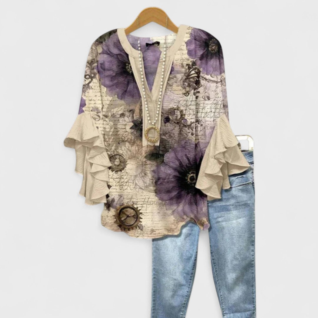 Seliore blouse in beige with purple floral print, front view