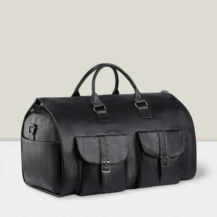 Lyra compact travel bag in black, front three-quarter view
