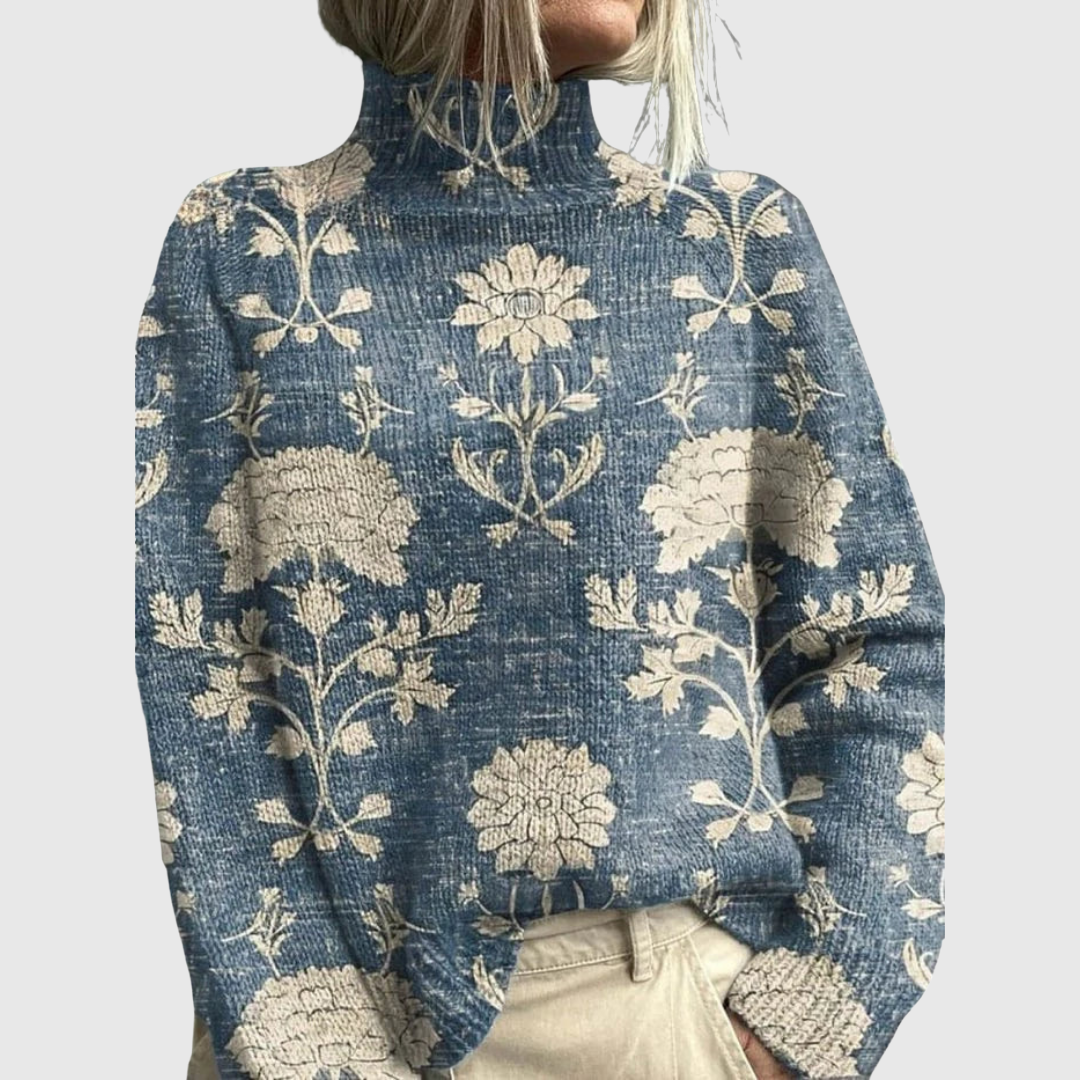 Eris turtleneck sweater in light blue with cream floral print, front view