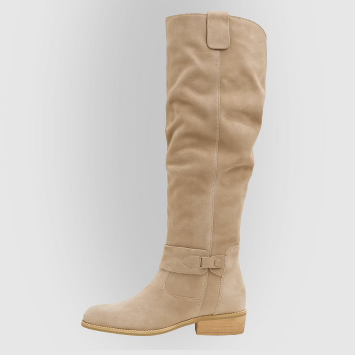 Coraline tall suede boots in beige, side view