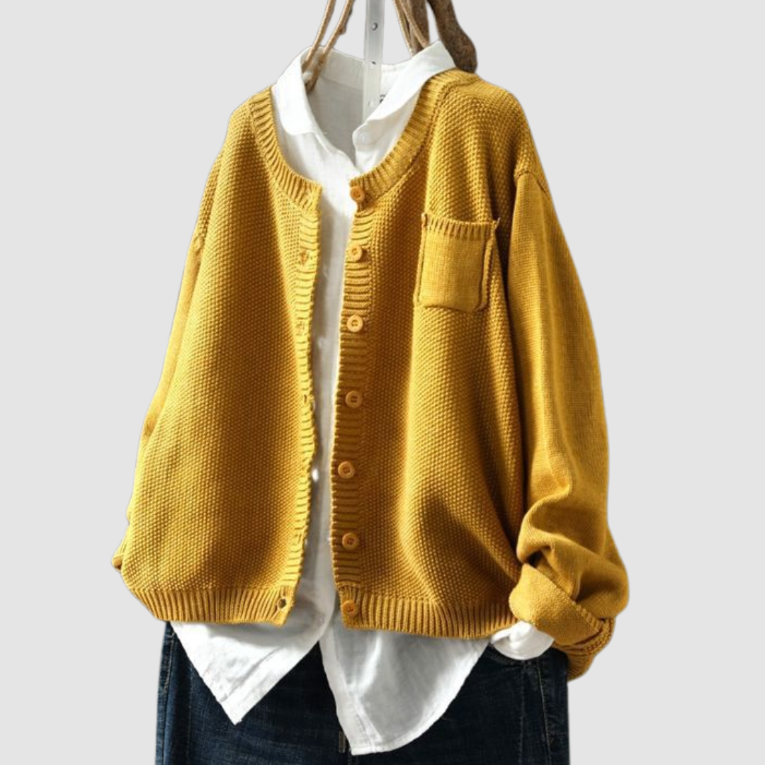 Elowira cosy knit cardigan in yellow, front view over white shirt