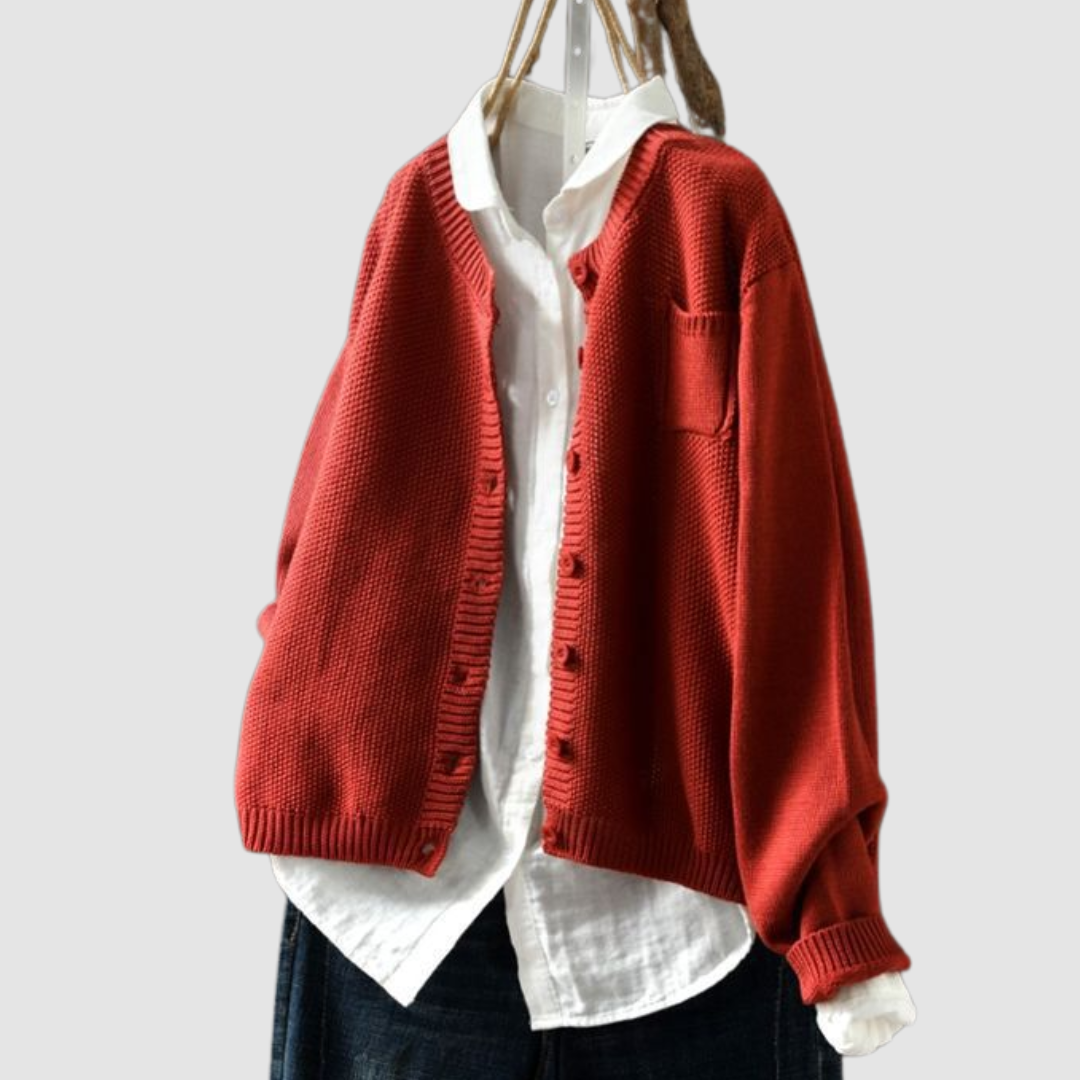 Elowira cosy knit cardigan in red, front view over white shirt