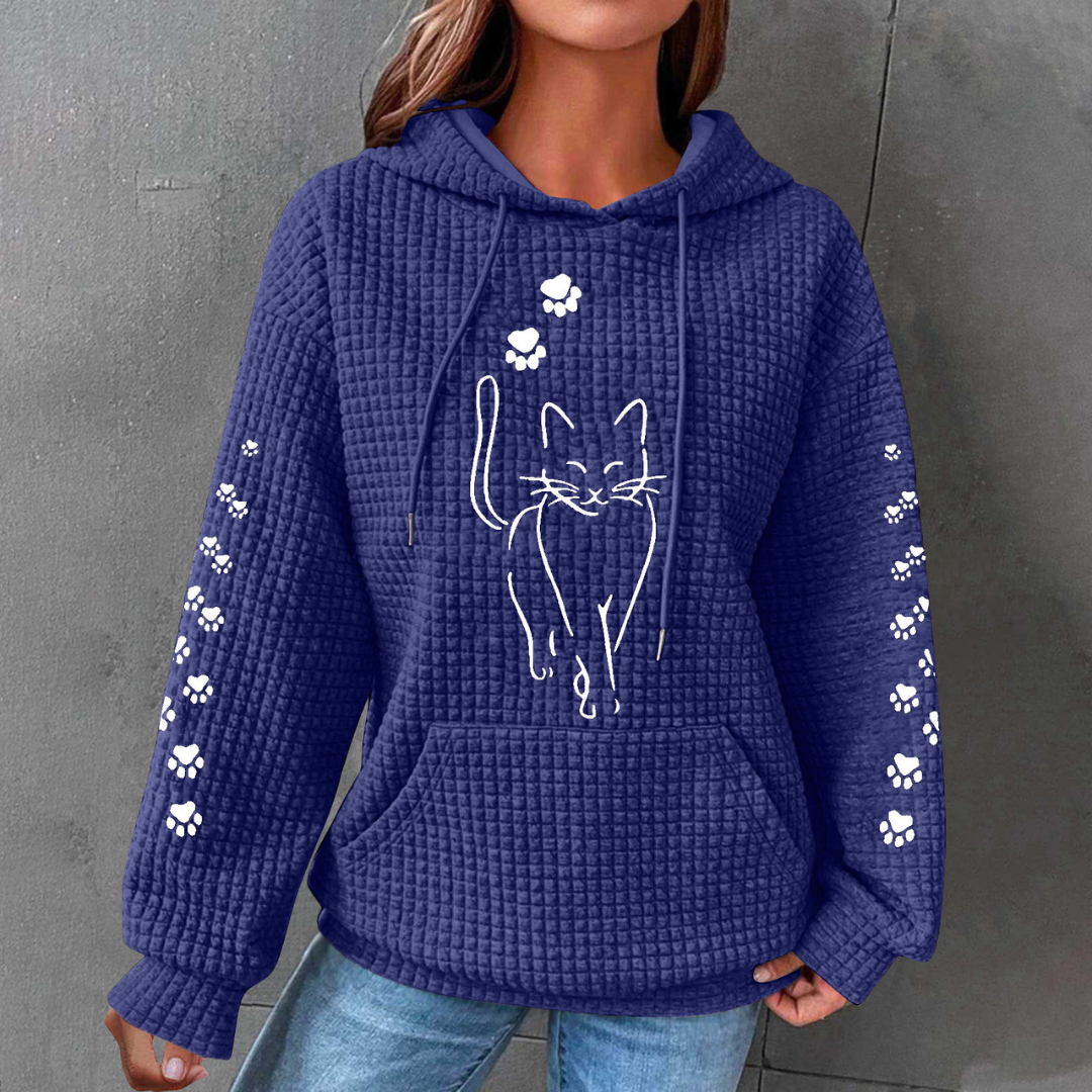 Savannah cat print hoodie in marine blue, front view