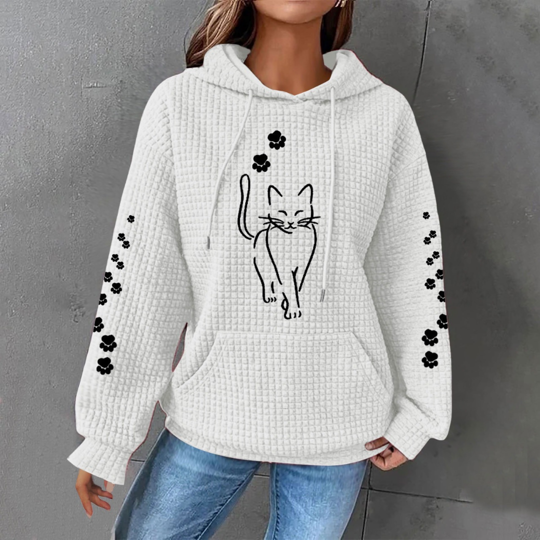 Savannah cat print hoodie in white, front view