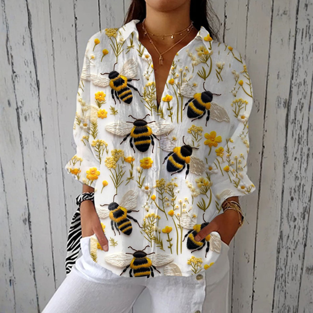 Brigitte honeybee garden blouse in white with yellow bee print, front view
