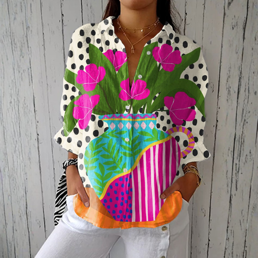 Odette floral vase print blouse in multicolour, front view worn with white jeans