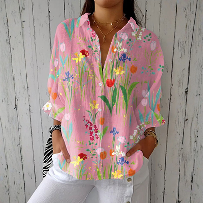 Sofia tulip garden floral blouse in pink, front view worn with white trousers