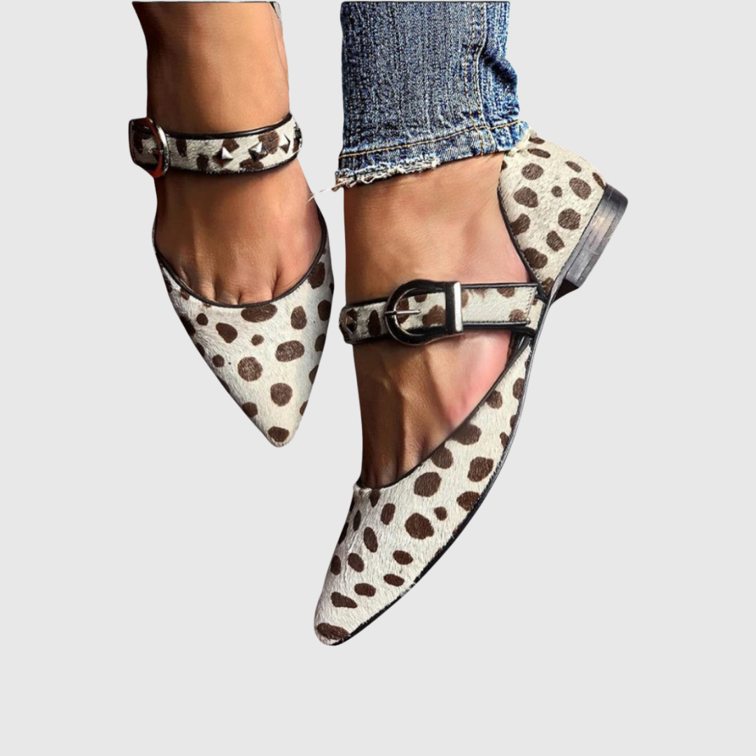 Eleanor studded Mary Janes in beige spotted print, worn front view