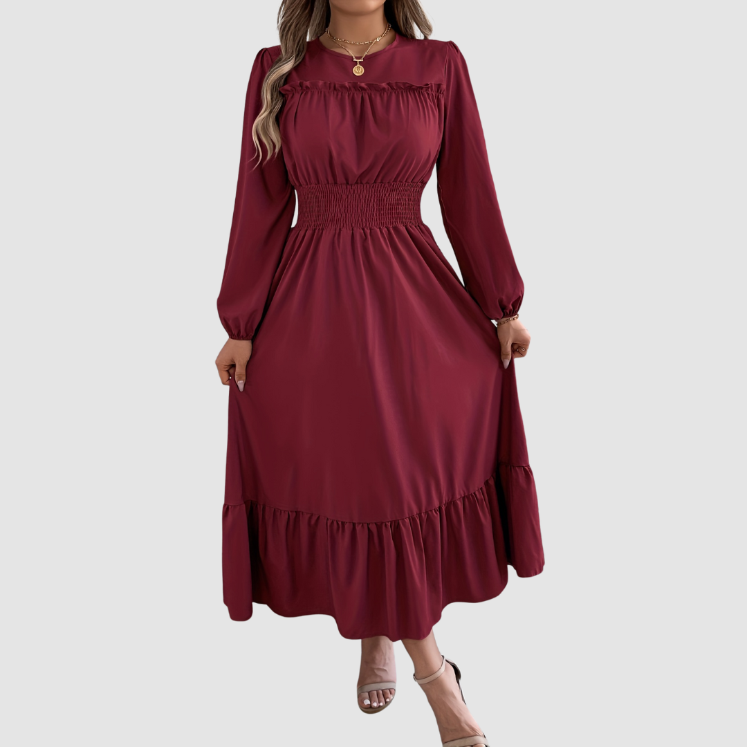 Isola Lane ruffled hem midi dress in burgundy, full-length front view