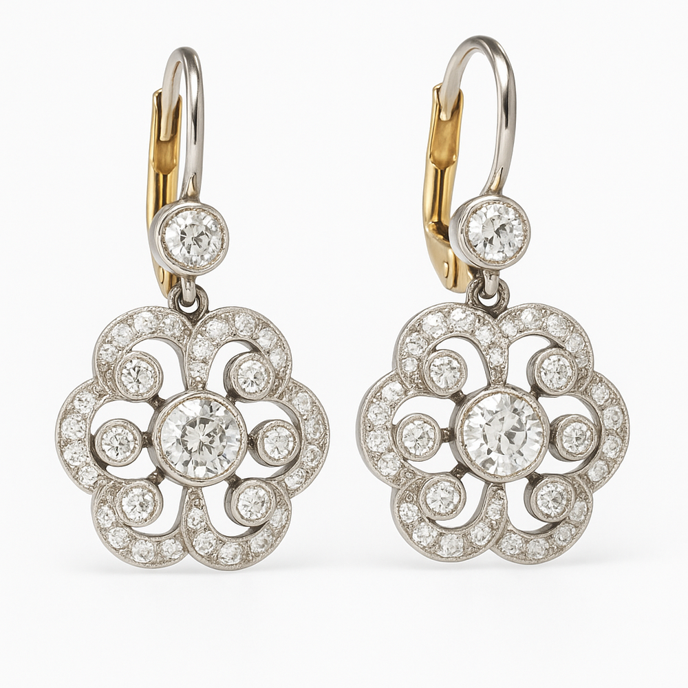 Crystal mandala retro drop earrings in silver and gold, front view