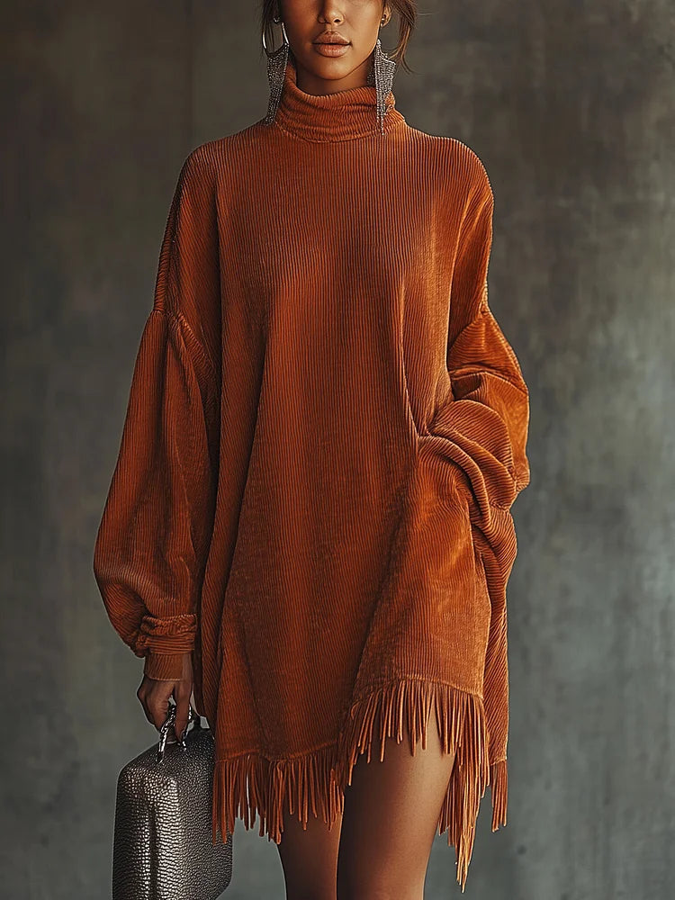 Mira corduroy mini dress in burnt orange, full front view with fringed hem