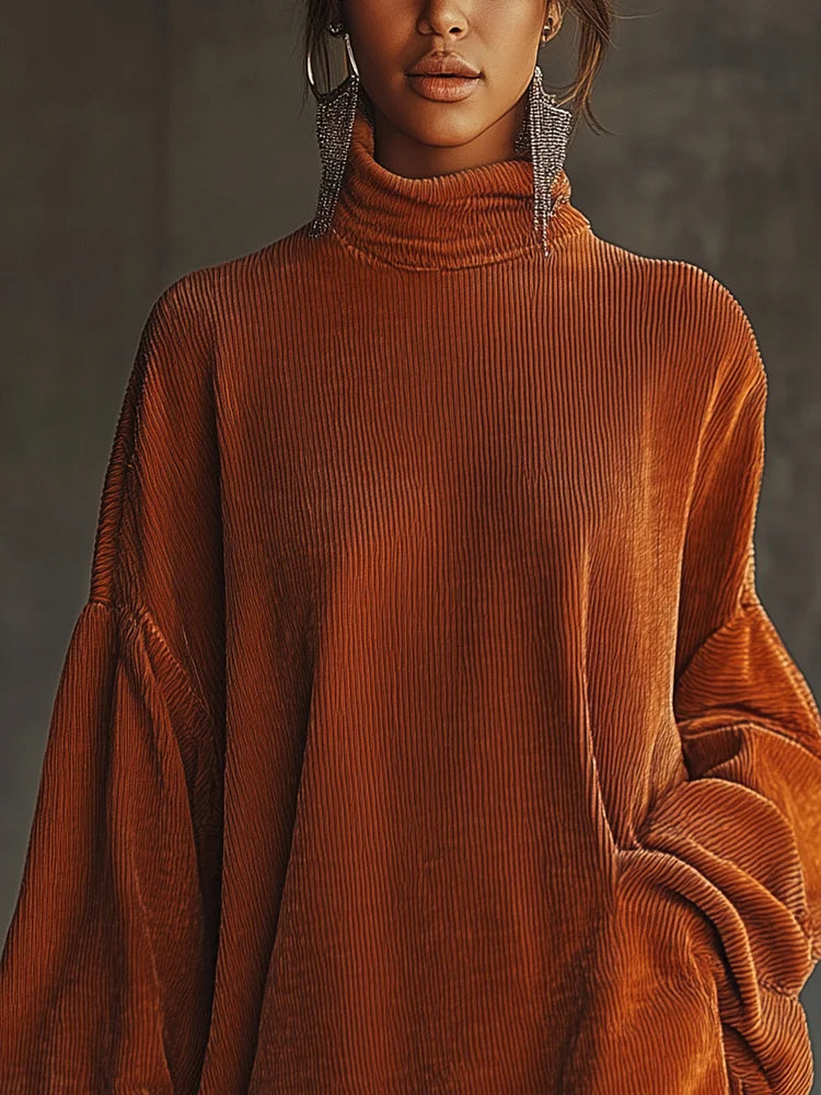 Mira corduroy dress in burnt orange, close-up of high roll collar and sleeves