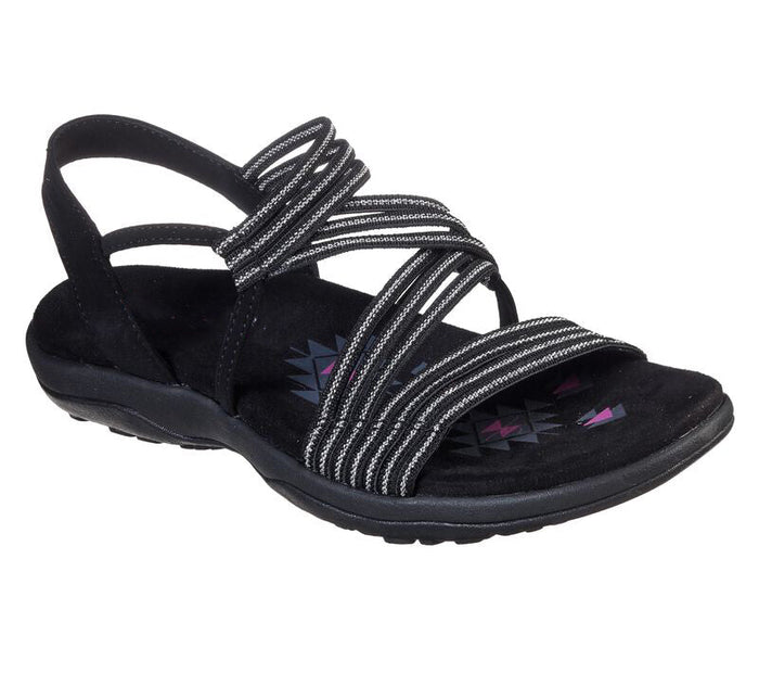 Black multi-strap slip-on sandal, angled side view