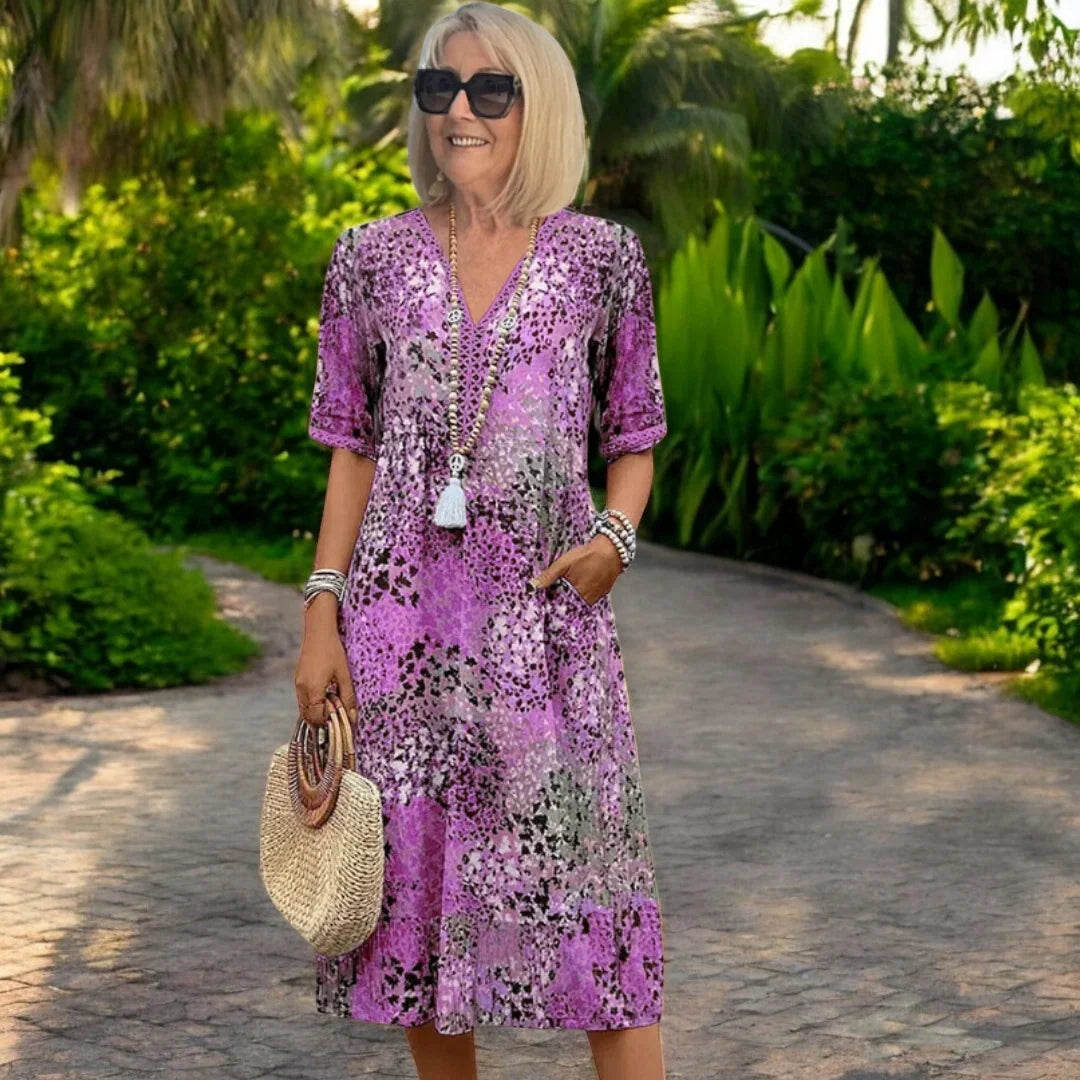Iris printed midi dress in purple, full-length front view