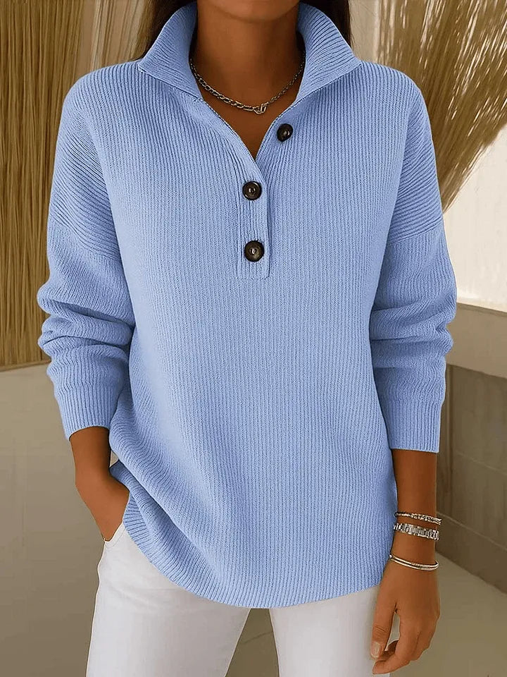 Amparo V-neck polo jumper in sky blue, front view with white jeans
