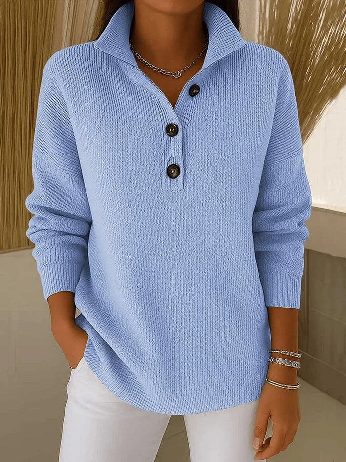 Amparo V-neck polo jumper in sky blue, front view with white jeans