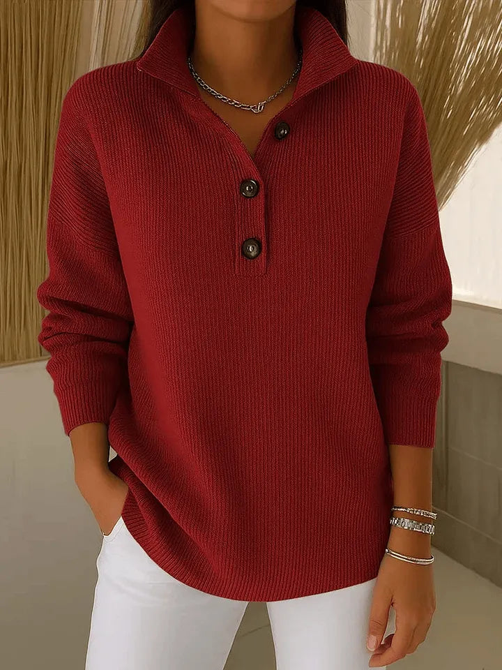 Amparo V-neck polo jumper in burgundy, front view with ribbed collar