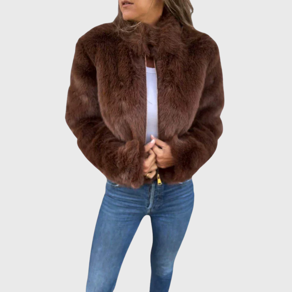 Ameline teddy fleece jacket in brown, front view worn open over jeans