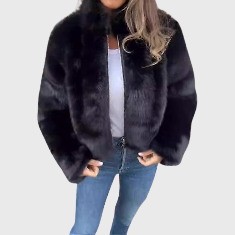 Ameline teddy fleece jacket in black, front view with stand-up collar