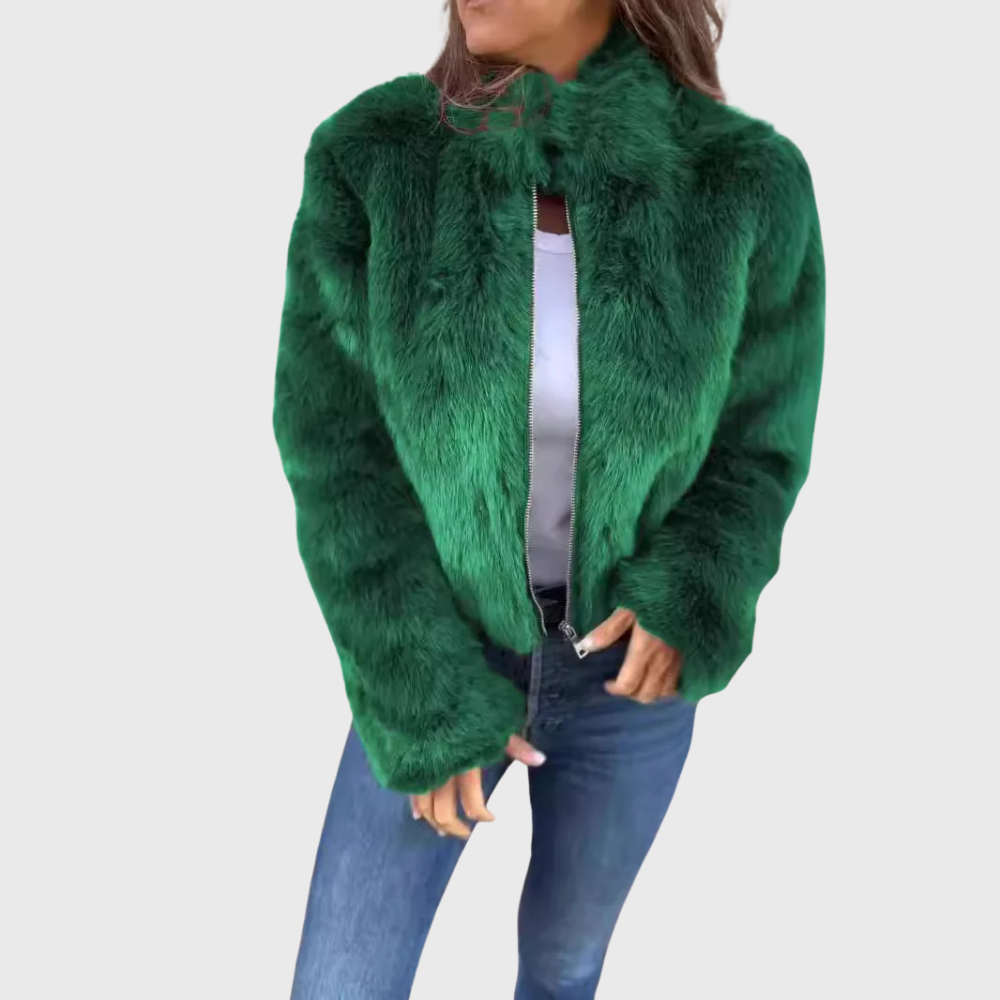 Ameline teddy fleece jacket in green, front view worn with jeans