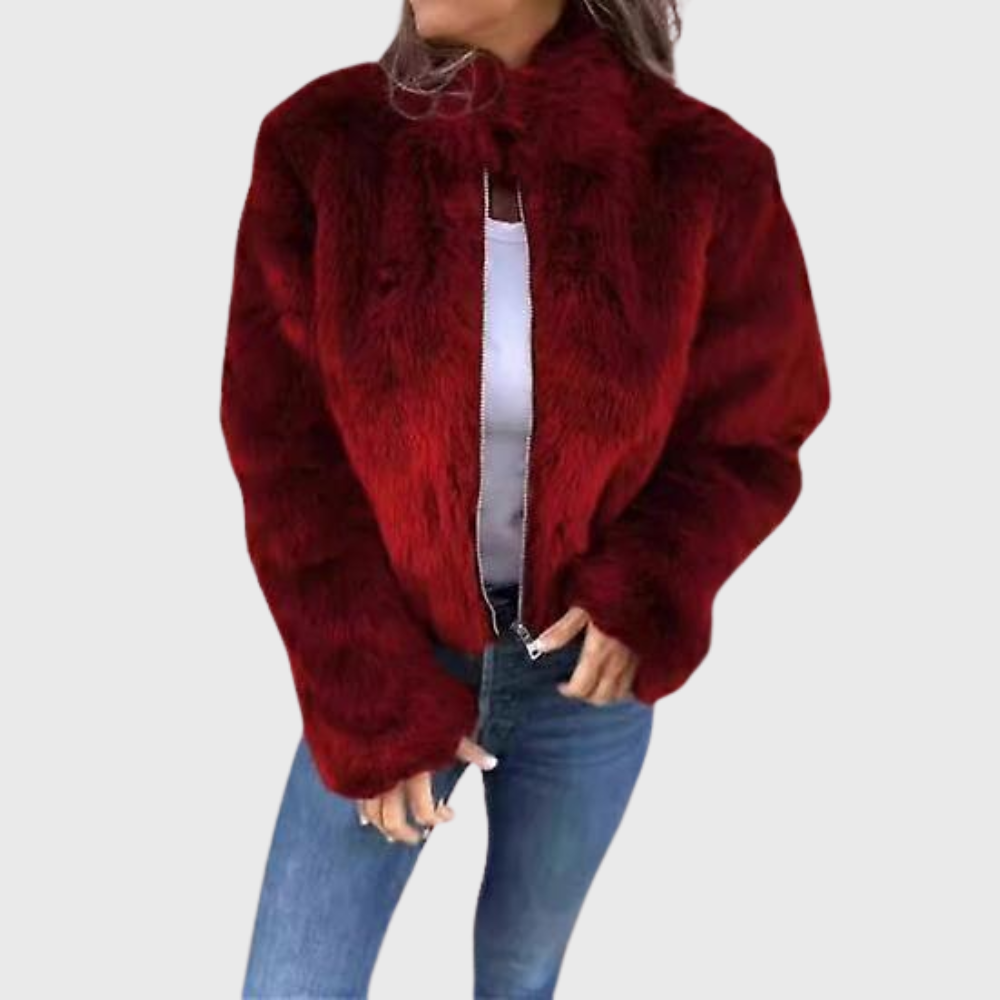 Ameline teddy fleece jacket in red, front view showing zip closure