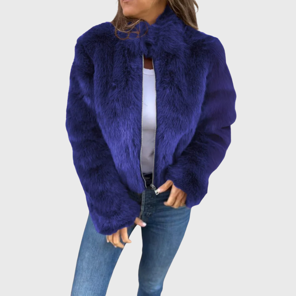 Ameline teddy fleece jacket in blue, front view worn open