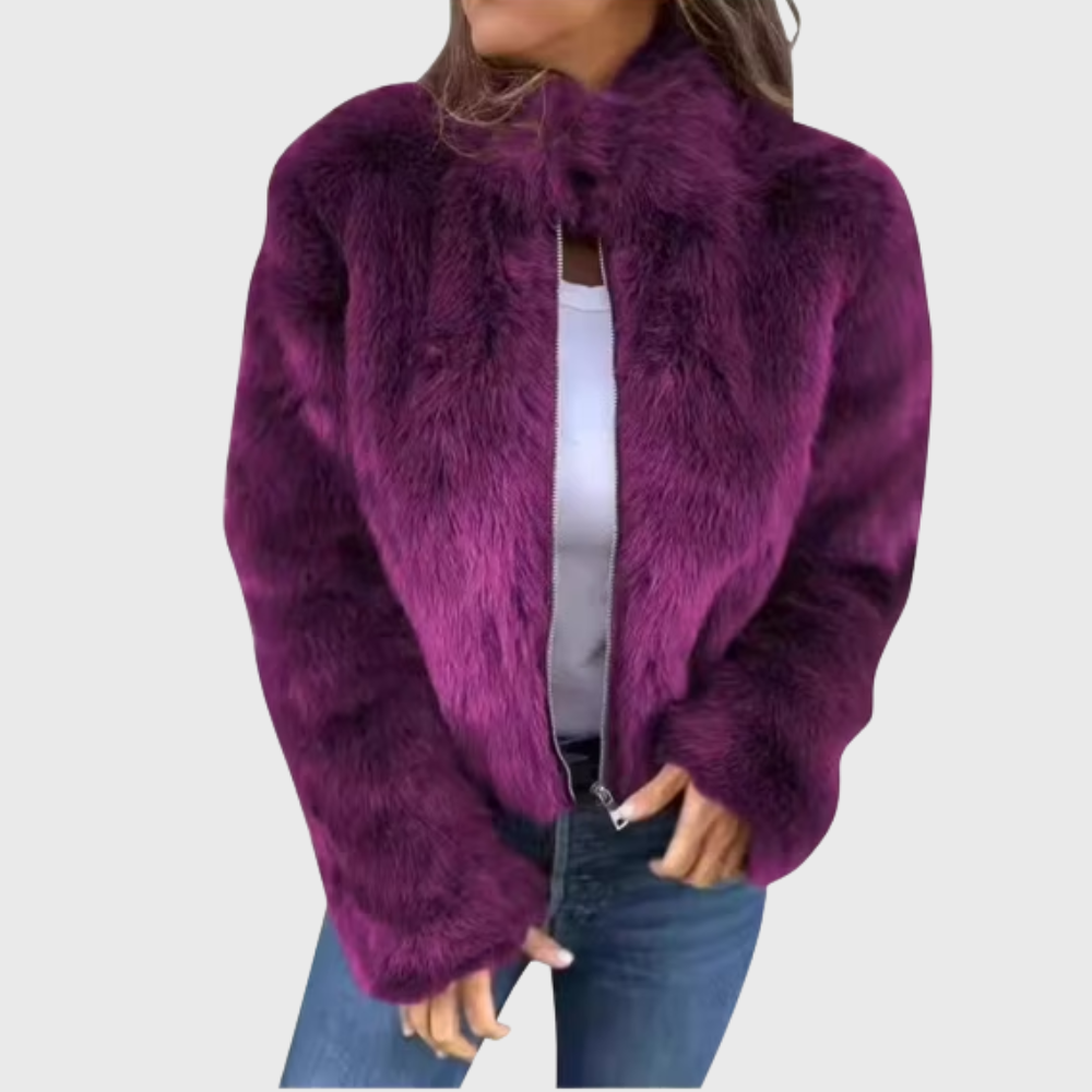 Ameline teddy fleece jacket in purple, front view with plush texture