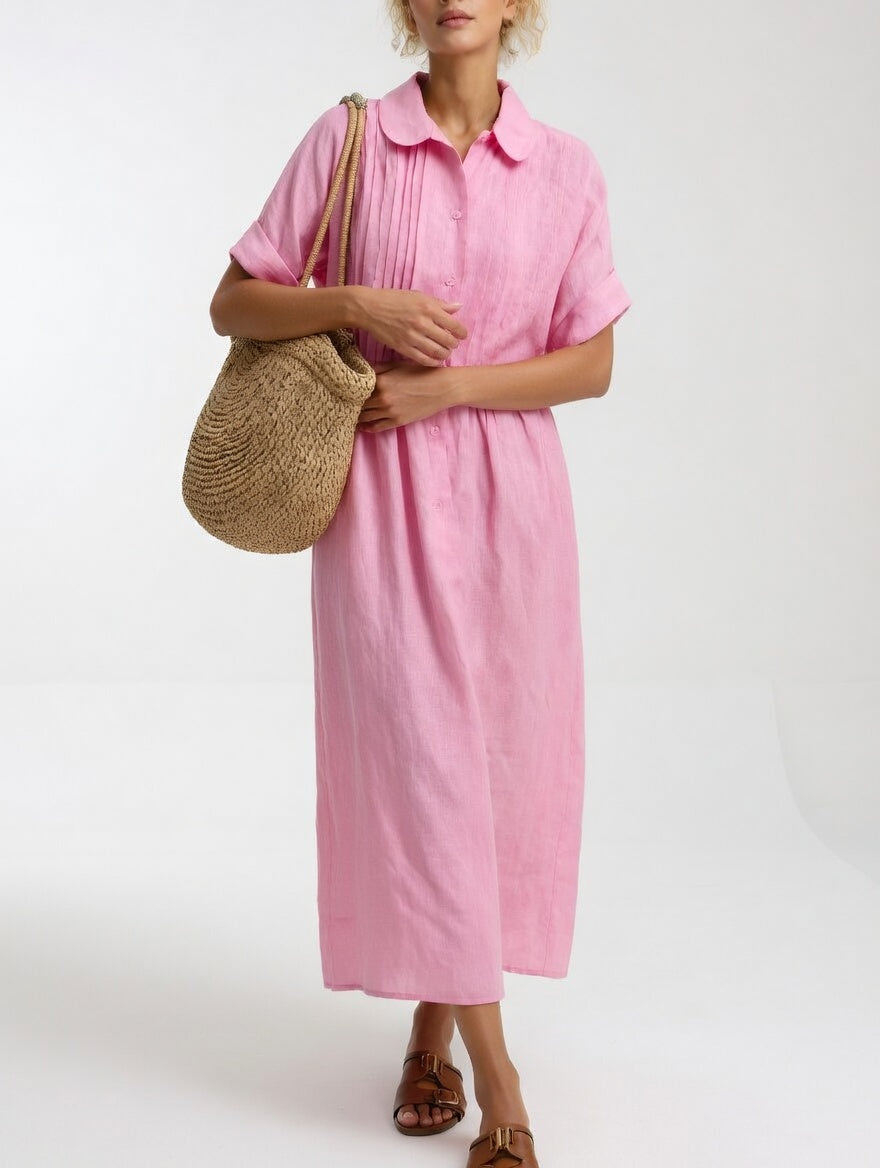 Lysandra long shirt dress in pink, three-quarter front view