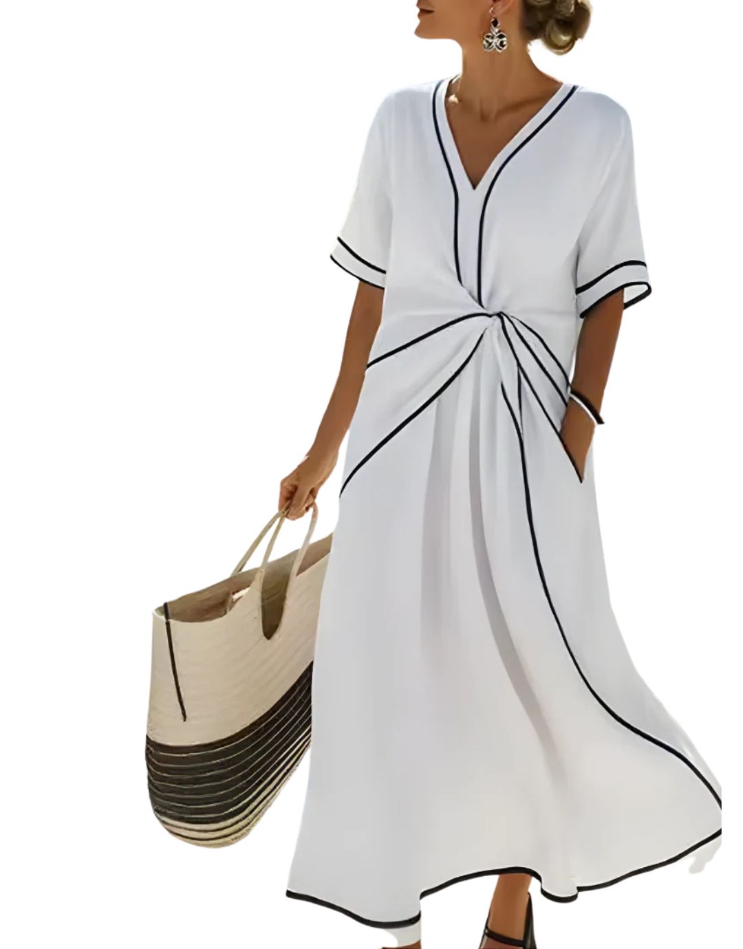 Clara relaxed maxi dress in white with black piping, front view