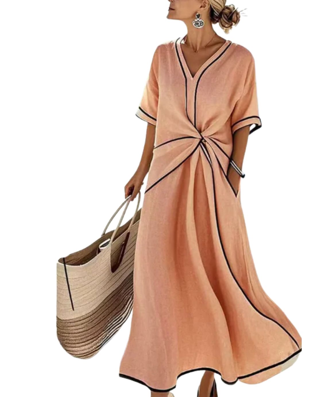 Clara relaxed maxi dress in orange with black trims, front view