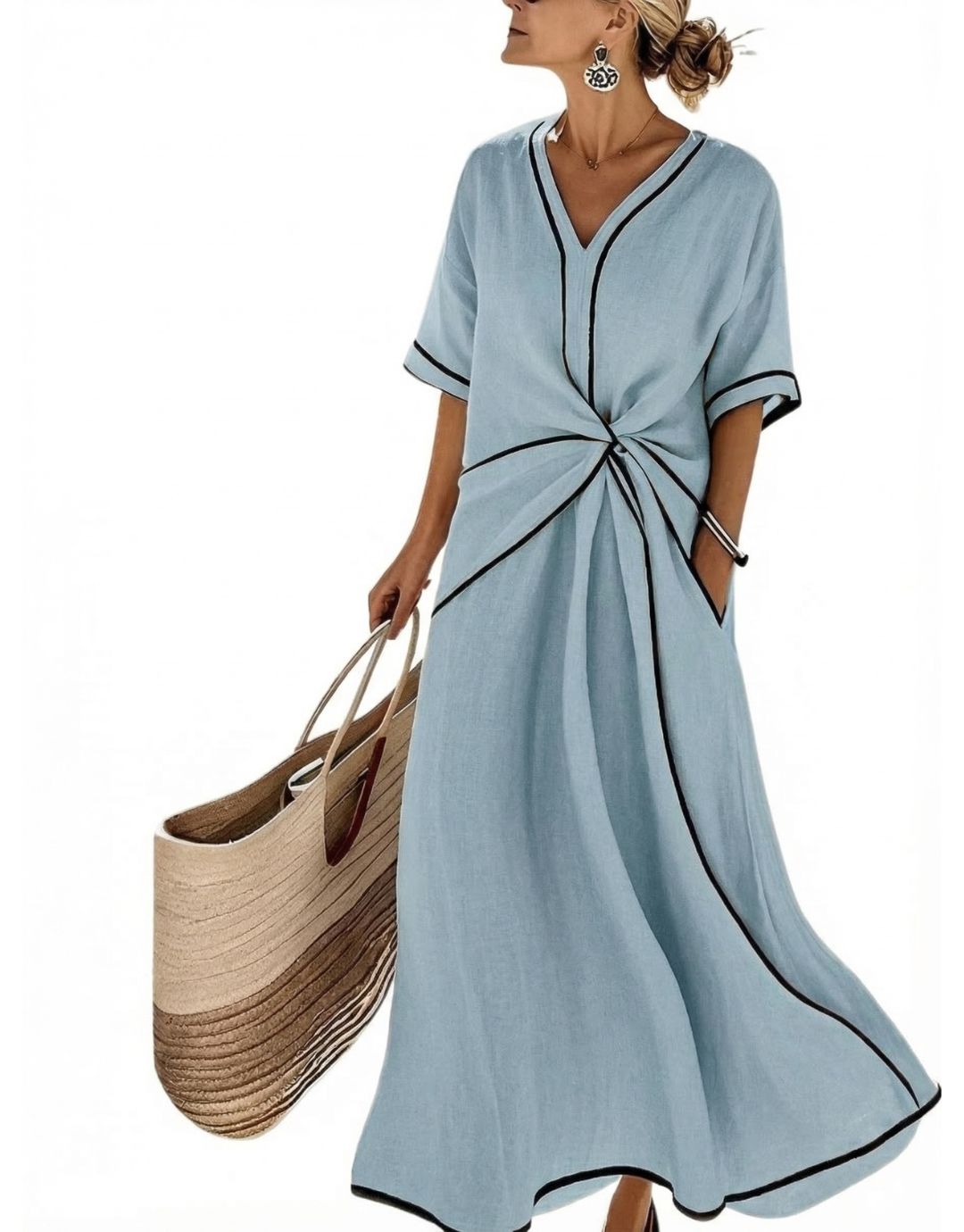 Clara relaxed maxi dress in blue with knotted waist detail, front view