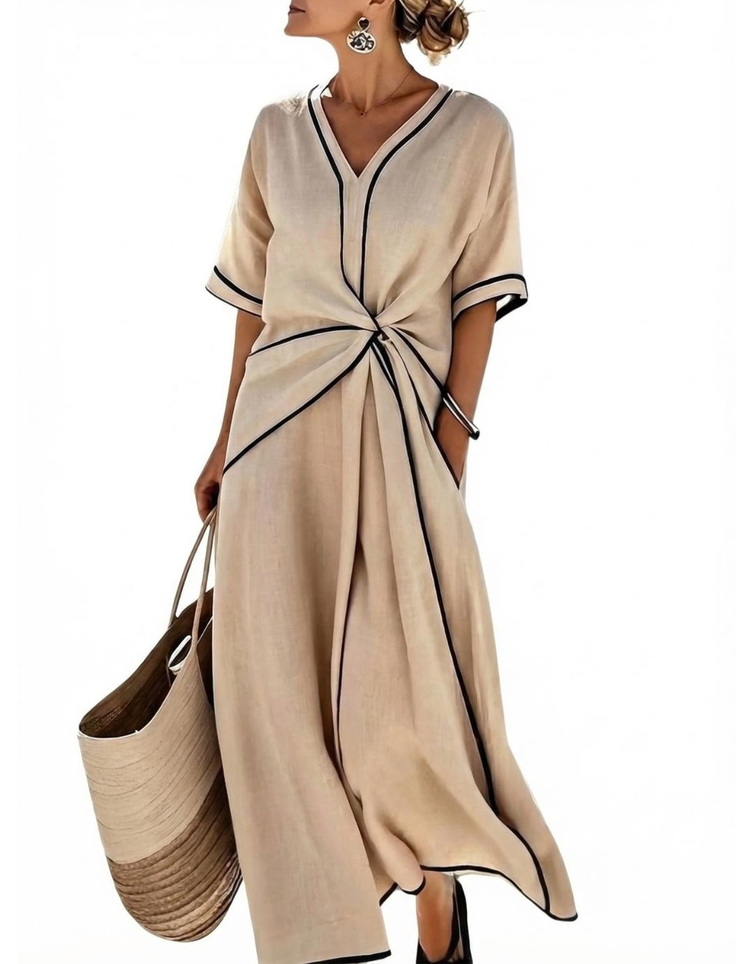 Clara relaxed maxi dress in beige with black contrast trims, front view