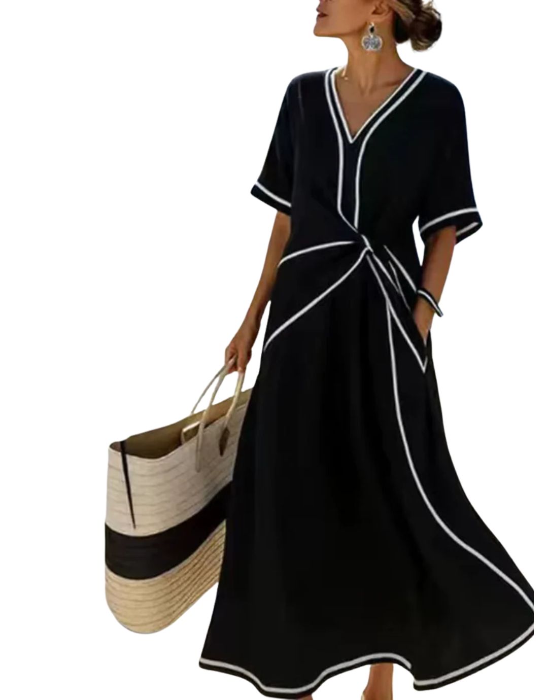 Clara relaxed maxi dress in black with white trims, front view