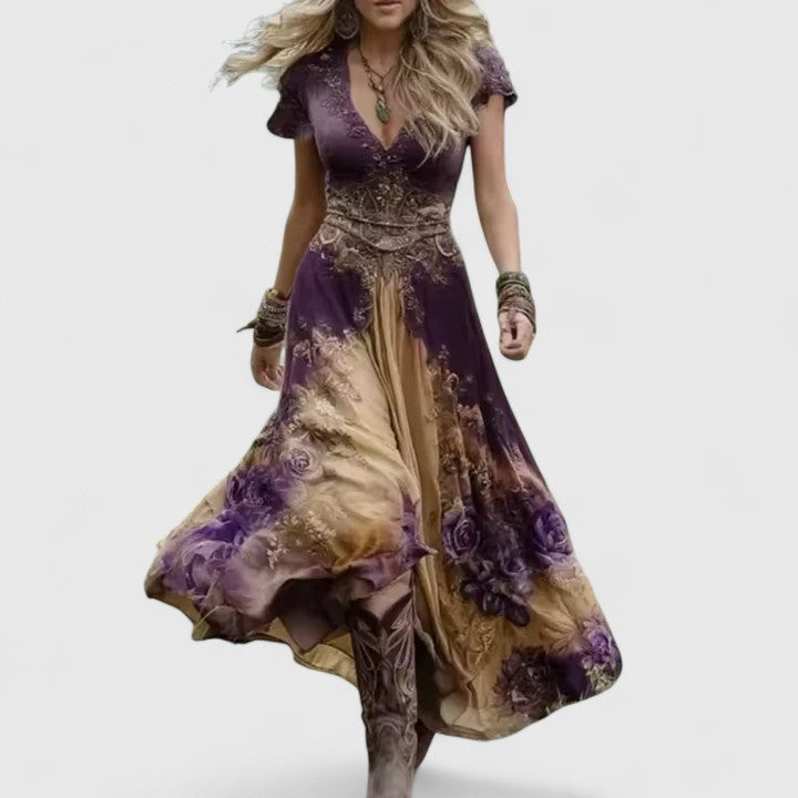 Sylvia embroidered maxi dress in purple and khaki, full-length front view