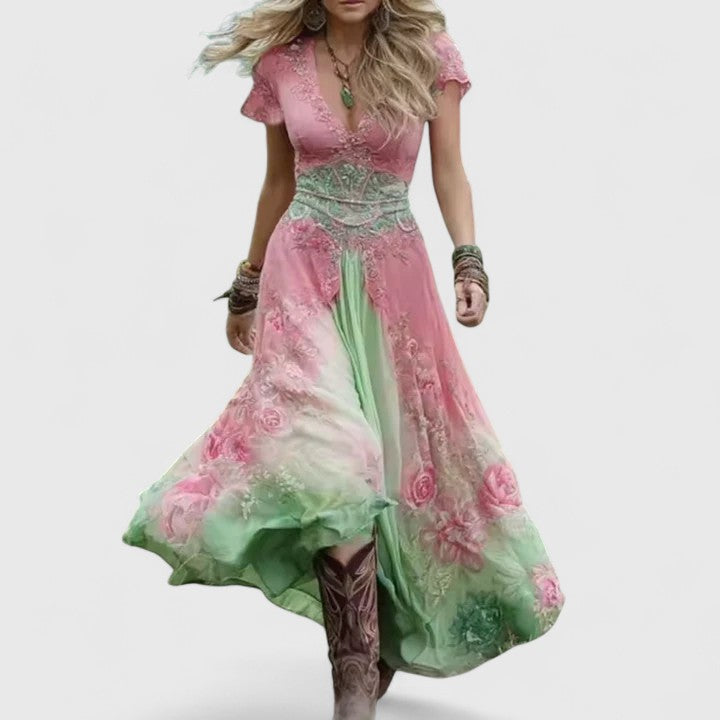 Sylvia embroidered maxi dress in pink and green, full-length front view