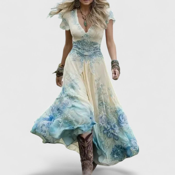 Sylvia embroidered maxi dress in beige and blue, full-length front view