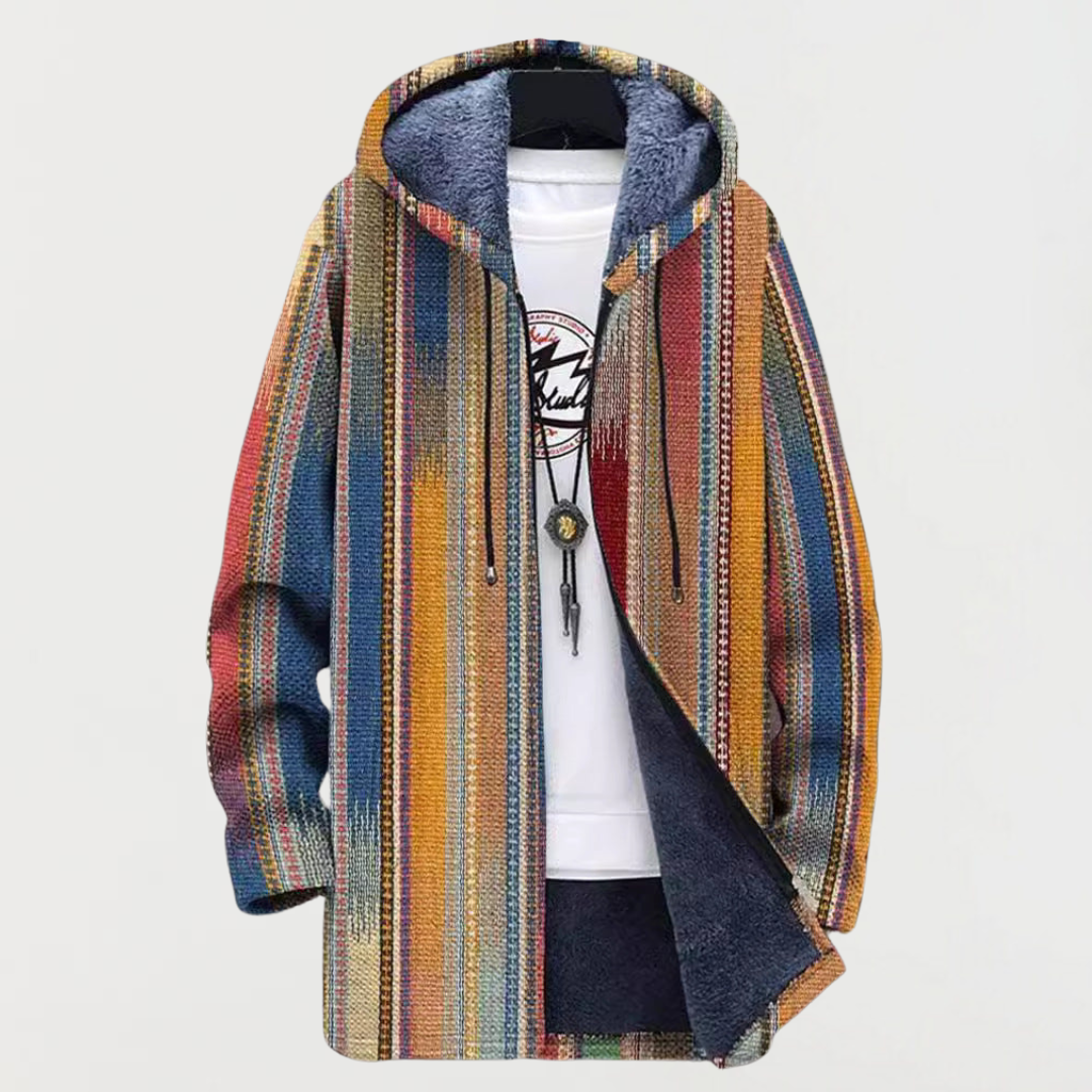 Hayden striped hooded coat in multicolour, open front with plush hood