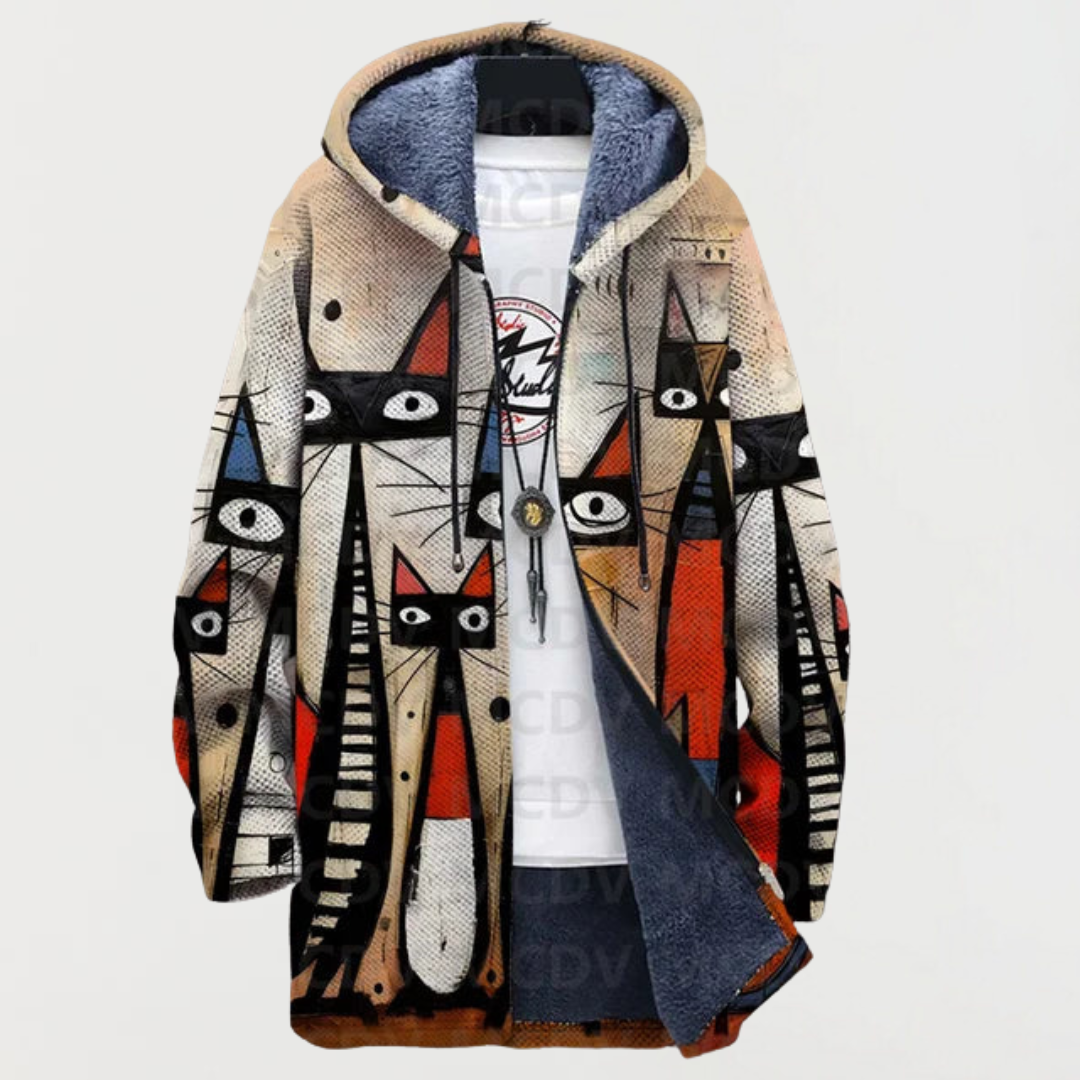 Ellis abstract cat print hooded coat in multicolour, front view