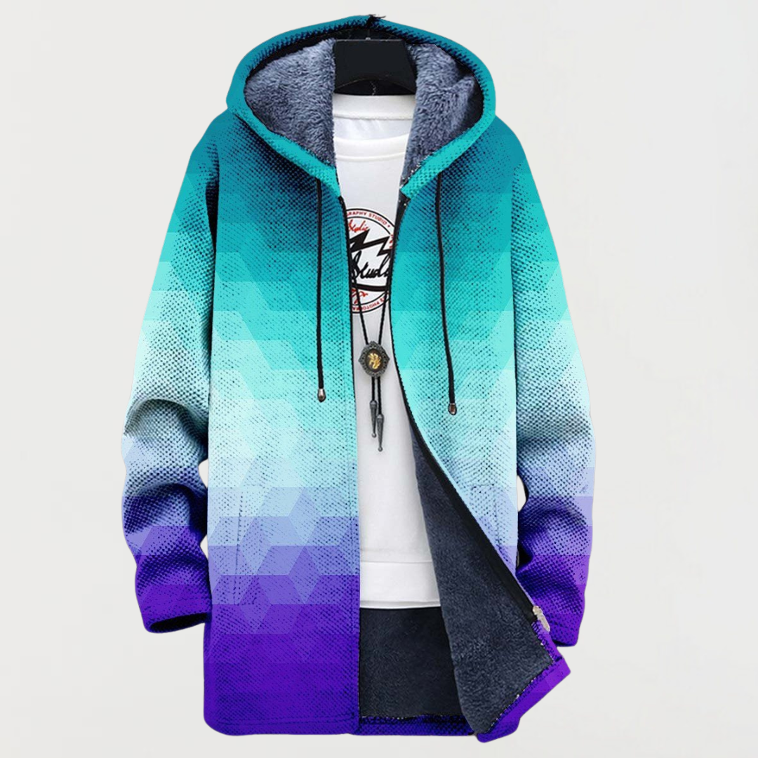 Arden gradient hexagonal print hooded coat in teal and purple, front view