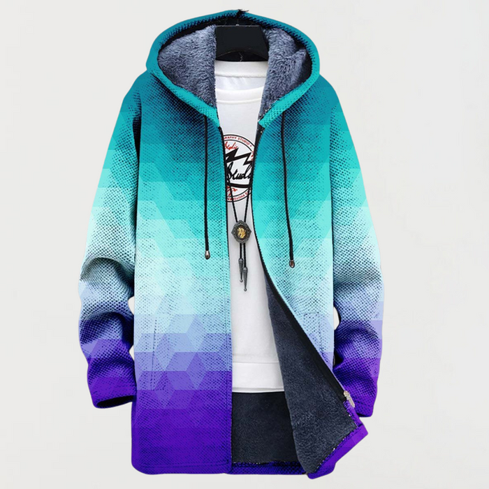 Arden gradient hexagonal print hooded coat in teal and purple, front view