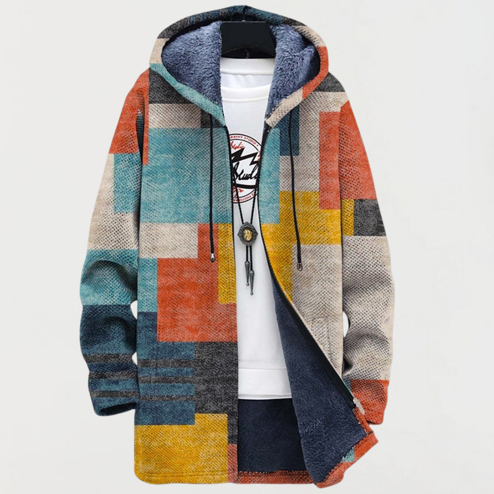 Blair geometric colour-block hooded coat in multicolour, front view