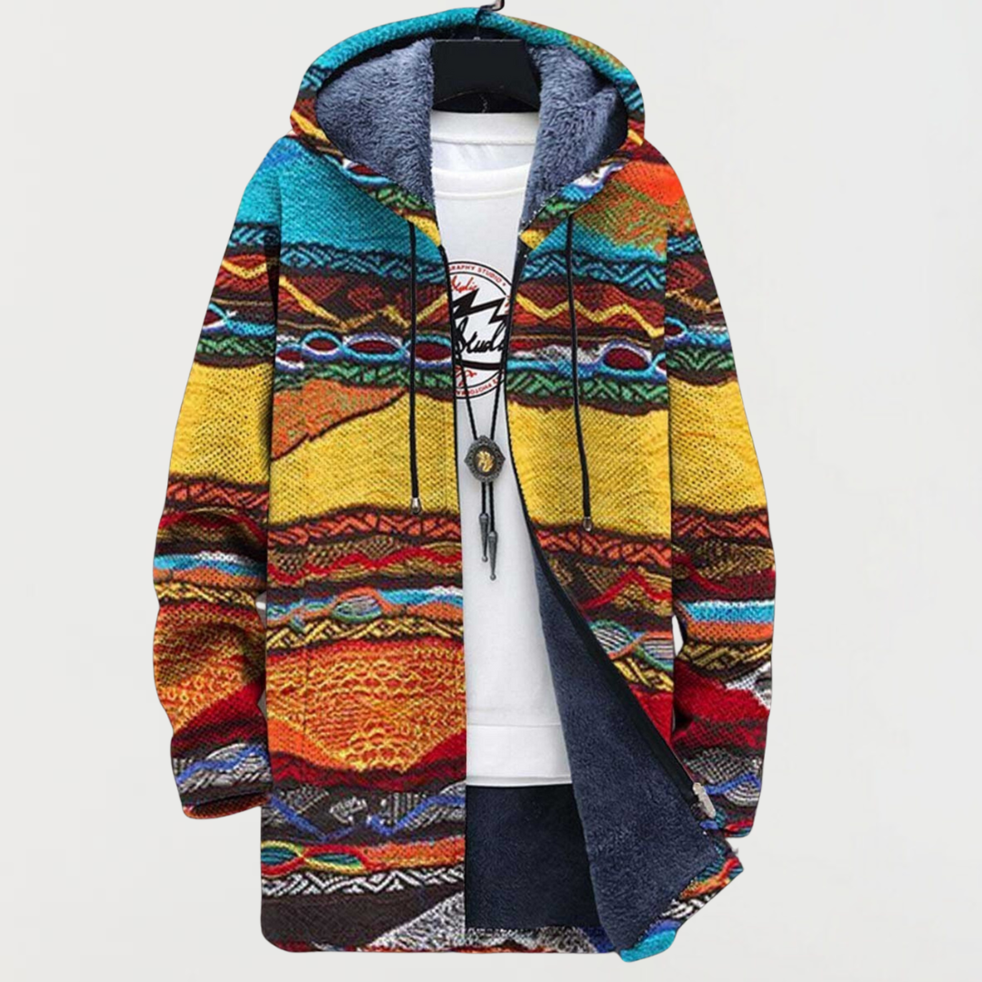Noelle tribal art print hoodie in multicolour, hood and open front detail