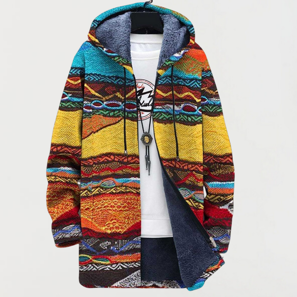 Noelle tribal art print hoodie in multicolour, front view