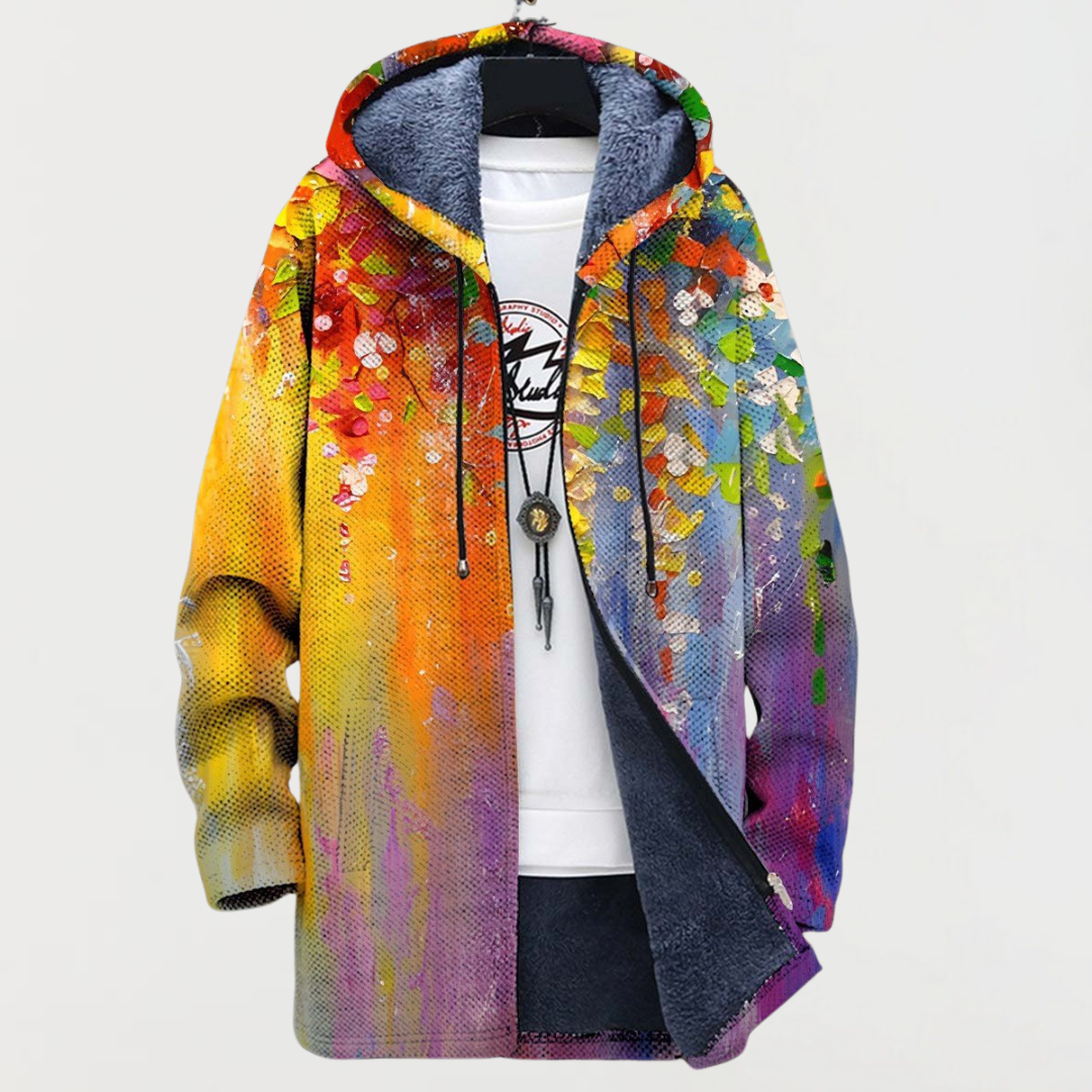 Parker abstract art print hooded coat in multicolour, open front view