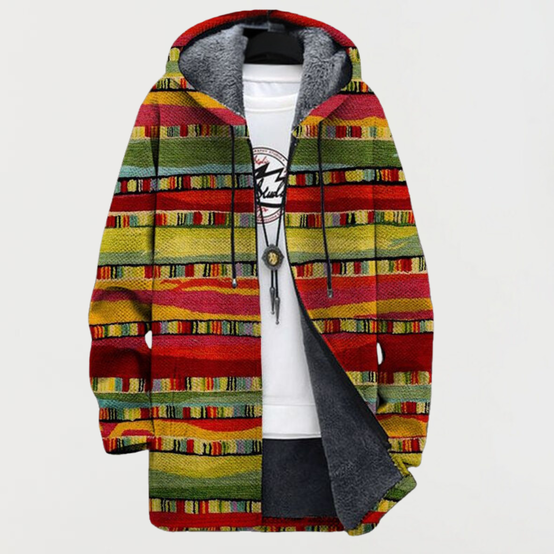 Bailey ethnic stripe hooded cardigan in multicolour, front view