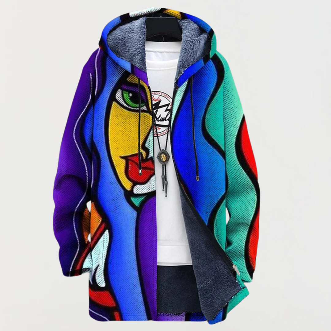 Riley colourful art print hooded coat in multicolour, front view